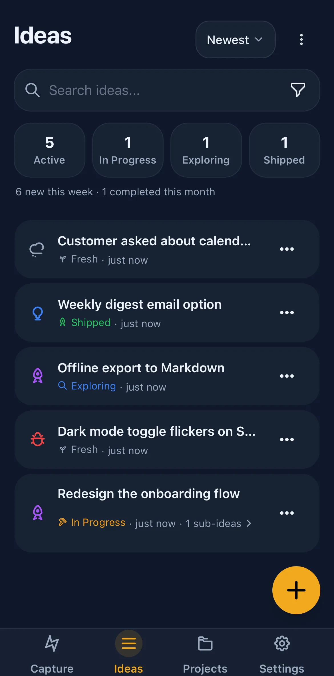 The Vaps Ideas screen on a phone, showing several captured ideas with category icons, status labels and a nested sub-idea